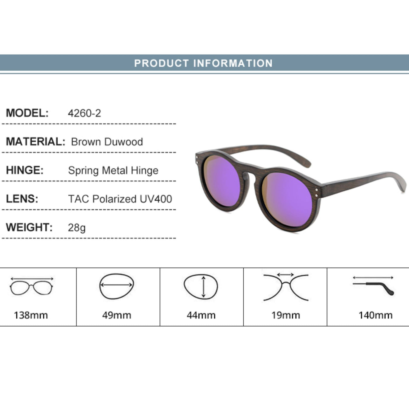 Brown Duwood Purple Lens Polarized Sunglasses 4260-2 Unisex Sunglasses Retsing Eyewear 