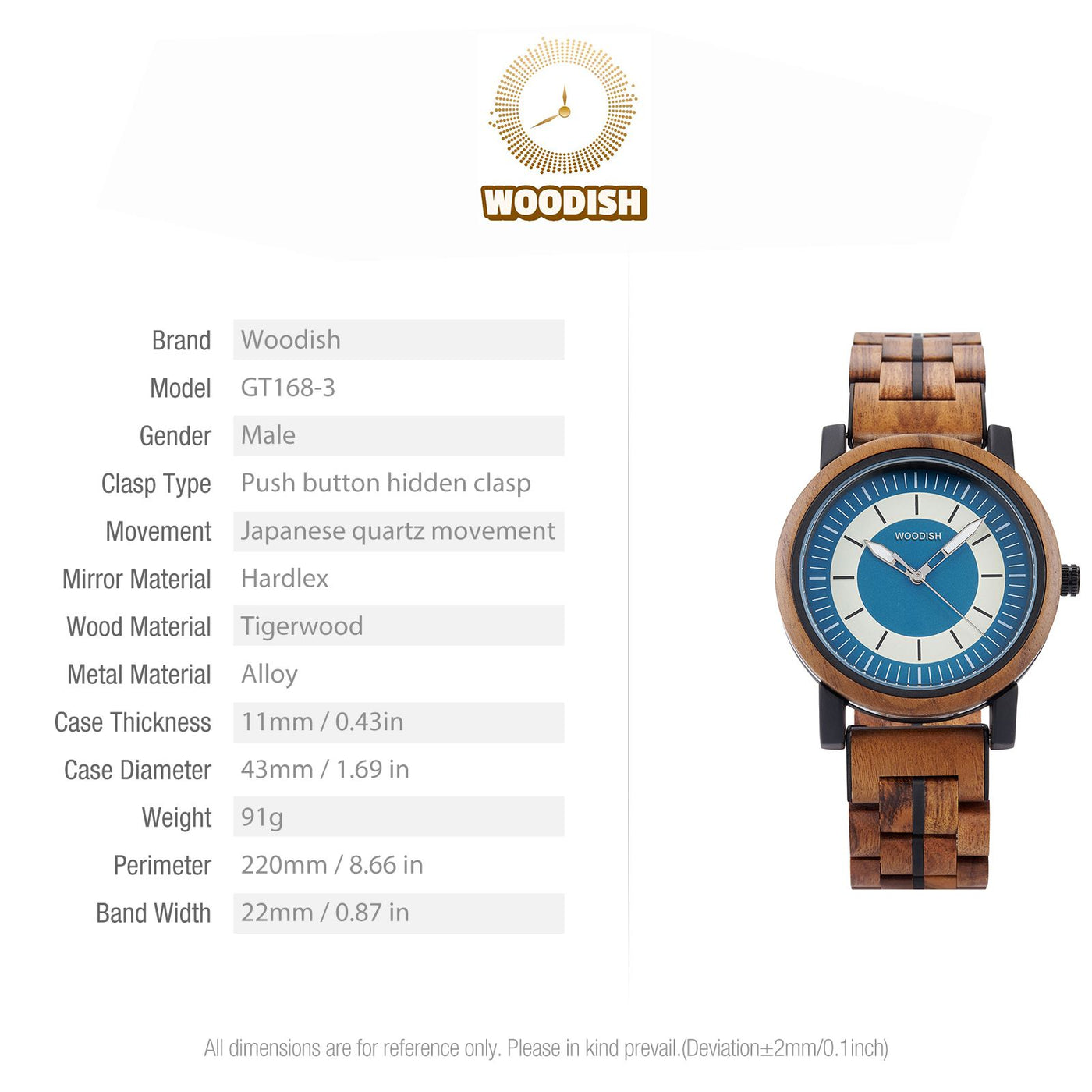 Classic Wooden Men’s Watch with Deep Blue Dual-Tone GT168-3 Men's watch Bobo Bird 