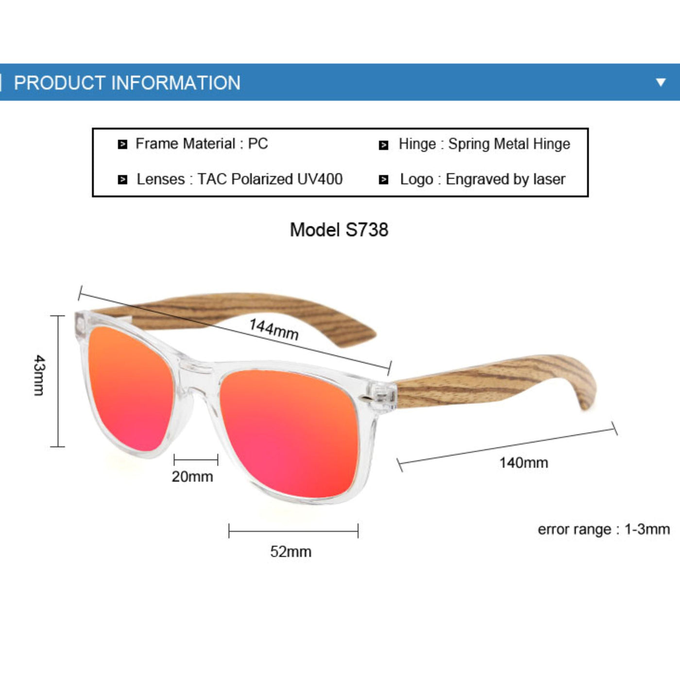 Blue Lens Polarized Bamboo Sunglasses S738 Unisex Sunglasses Retsing Eyewear 