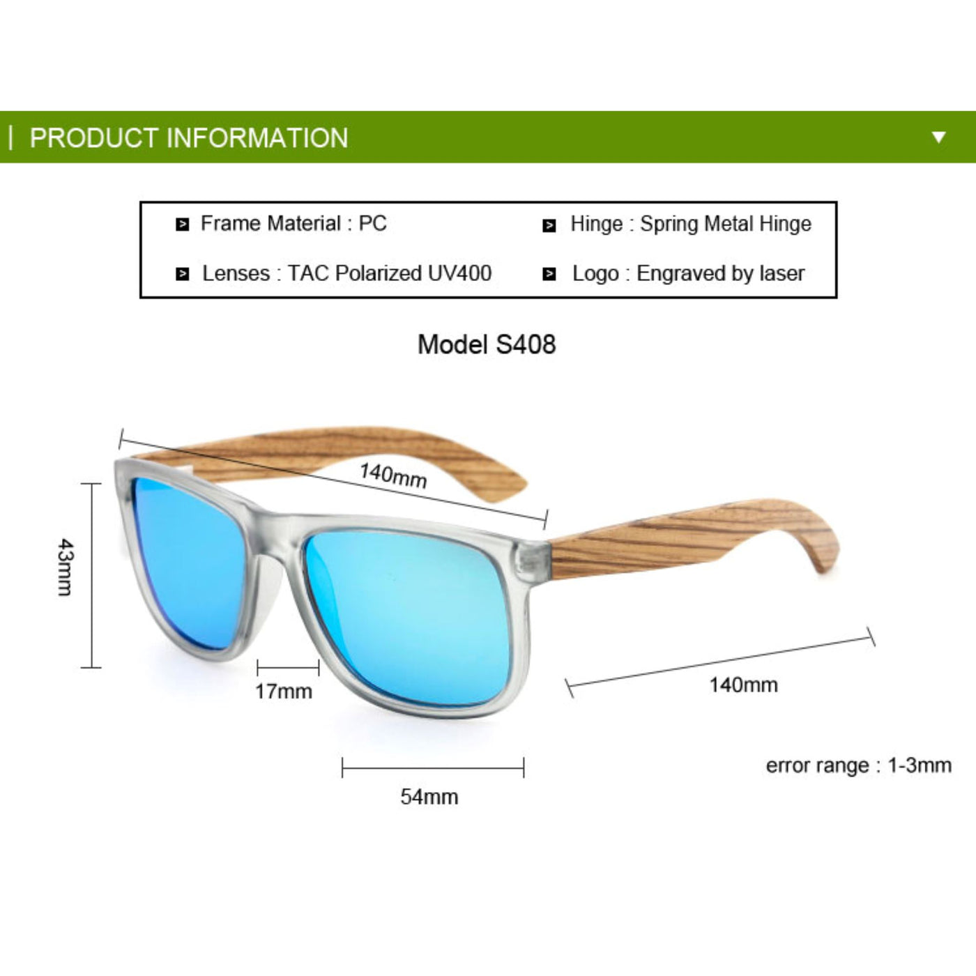 Blue Lens Polarized Zebrawood Sunglasses S408 Unisex Sunglasses Retsing Eyewear 