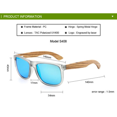 Blue Lens Polarized Zebrawood Sunglasses S408 Unisex Sunglasses Retsing Eyewear 