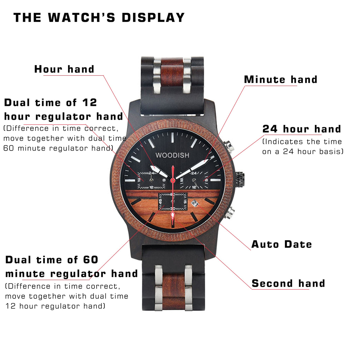 Dual Time Zone Ebony Red Wooden Watch E18-3 Men's watch Free Man 