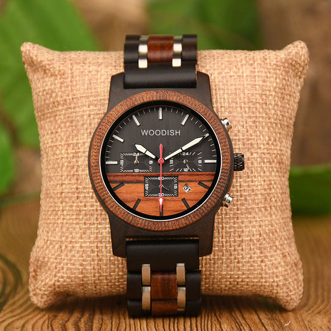 Dual Time Zone Ebony Red Wooden Watch E18-3 Men's watch Free Man 