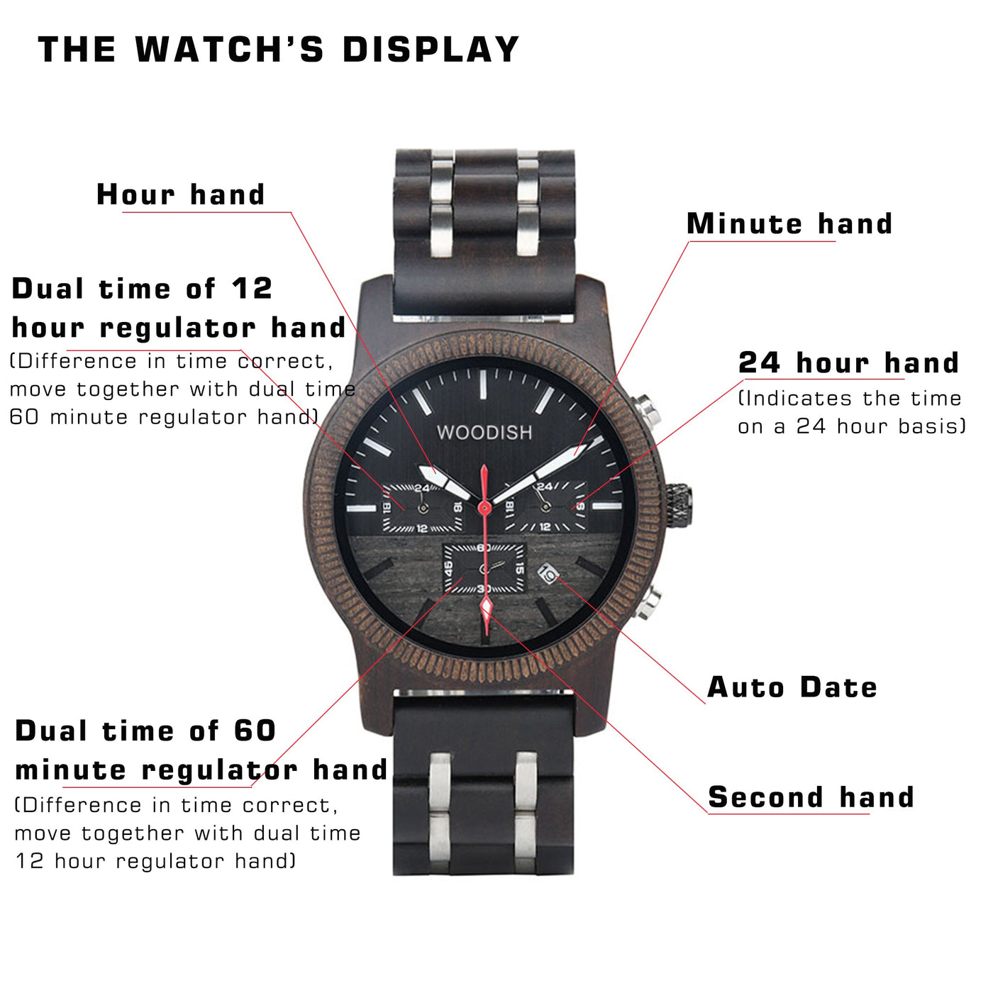 Dual Time Zone Ebony Wooden Watch E18-2 Men's watch Free Man 