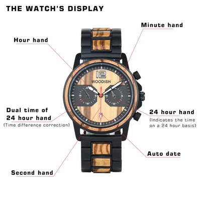 Dual Time Zone Zebrawood Wooden Men's Watch E15-1 Men's watch Free Man 