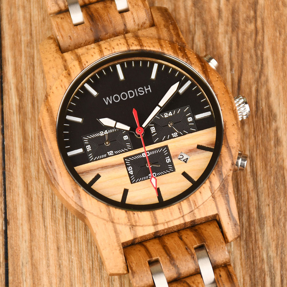 Dual Time Zone Zebrawood Wooden Watch E18-1 Men's watch Free Man 
