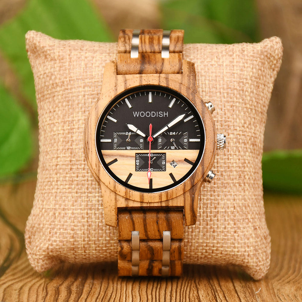 Dual Time Zone Zebrawood Wooden Watch E18-1 Men's watch Free Man 