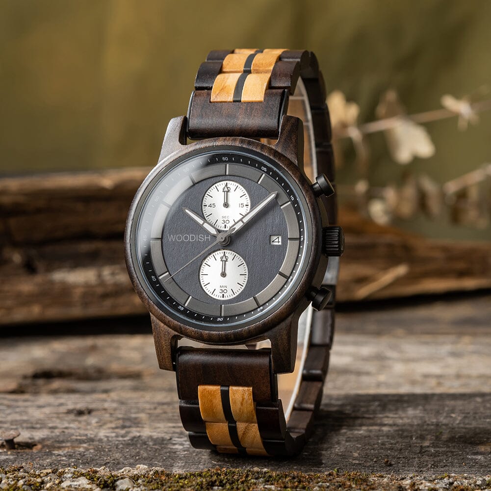 Gents Chacate Preto and Olive Wood Chronographic Wooden Watch GT125-3 Men's watch Bobo Bird 