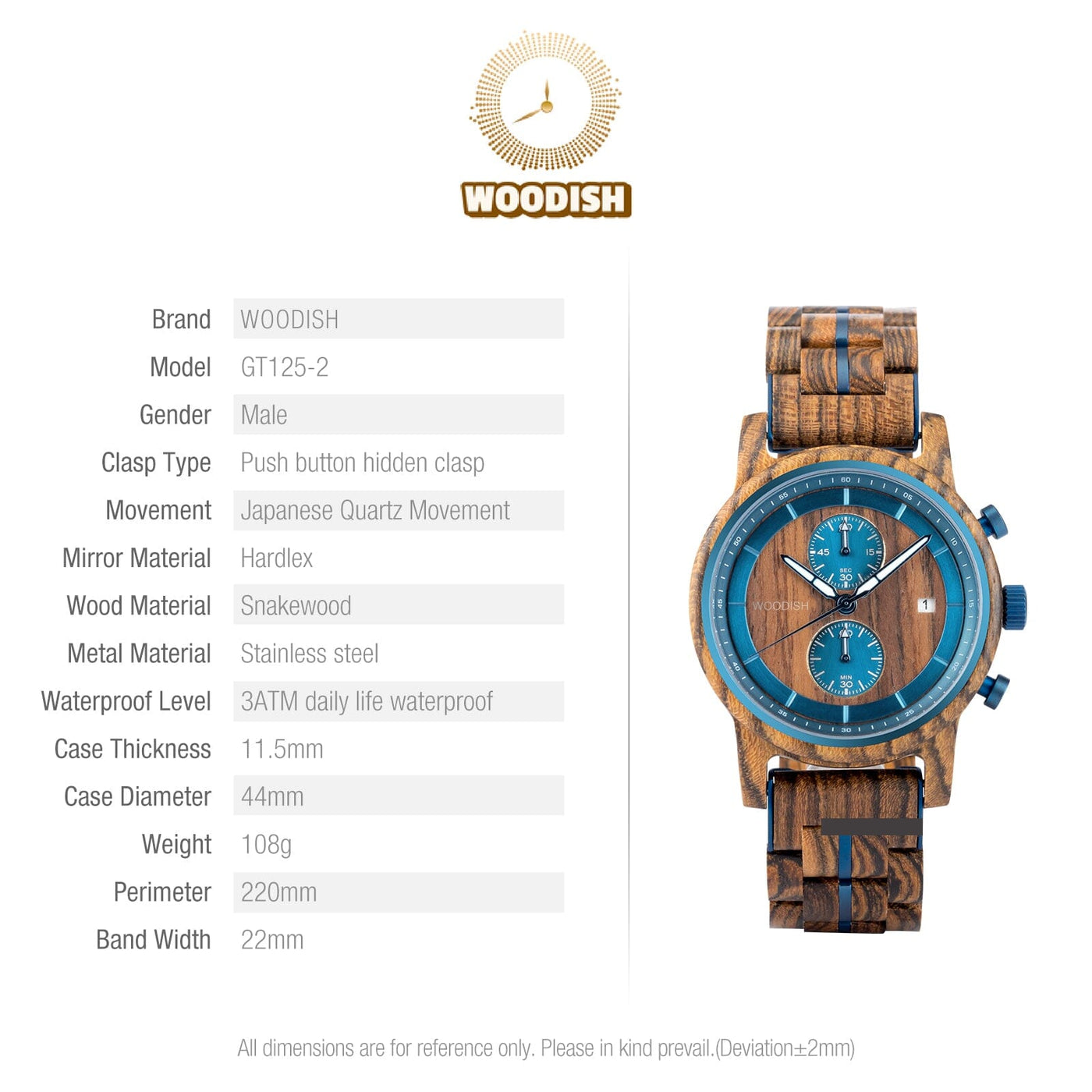 Gents Snakewood Chronographic Wooden Watch GT125-2 Men's watch Bobo Bird 