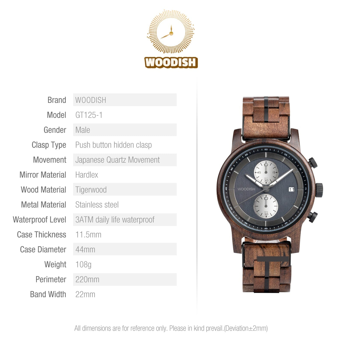 Gents Tigerwood Chronographic Wooden Watch GT125-1 Men's watch Bobo Bird 