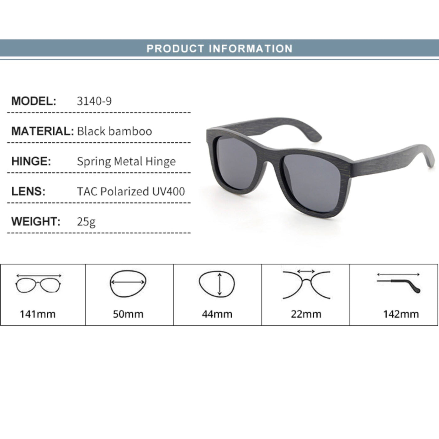 Gray Lens Polarized Black Bamboo Sunglasses 3140-9 Unisex Sunglasses Retsing Eyewear 