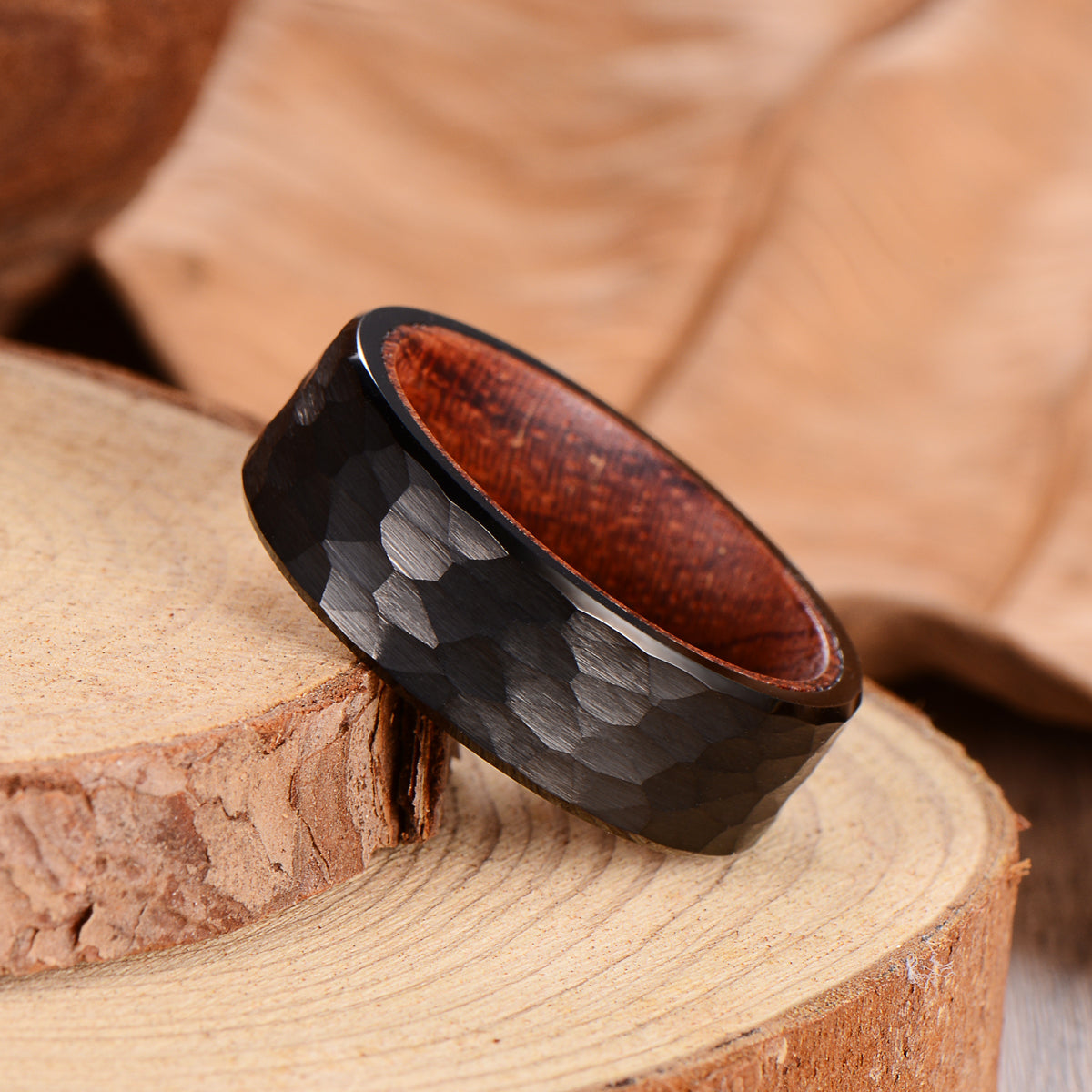 Men's Black Hammered Tungsten Rosewood Ring Men's Ring Ouyuan Jewelry 