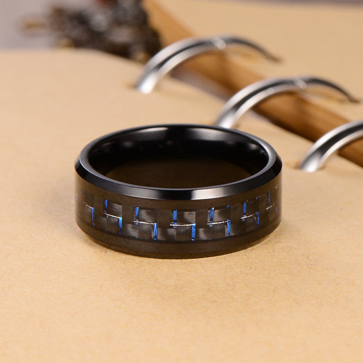 Men's Blue & Black Fiber Black Tungsten Ring Men's Ring Ouyuan Jewelry 