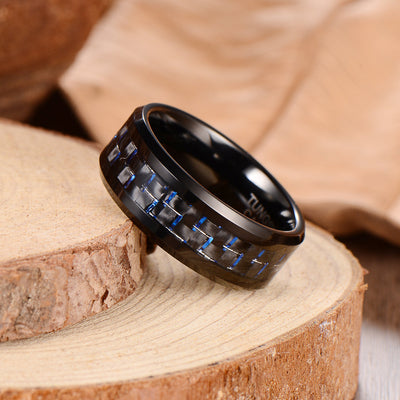 Men's Blue & Black Fiber Black Tungsten Ring Men's Ring Ouyuan Jewelry 