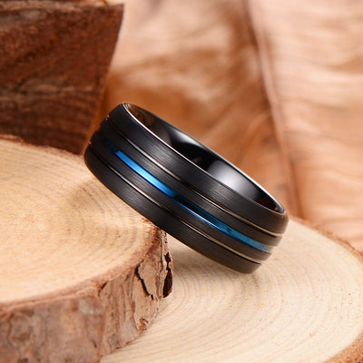 Men's Blue & Black Groove Brushed Black Tungsten Ring - OYG008 Men's Ring Ouyuan Jewelry 
