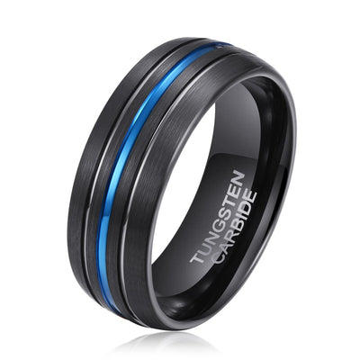 Men's Blue & Black Groove Brushed Black Tungsten Ring - OYG008 Men's Ring Ouyuan Jewelry 