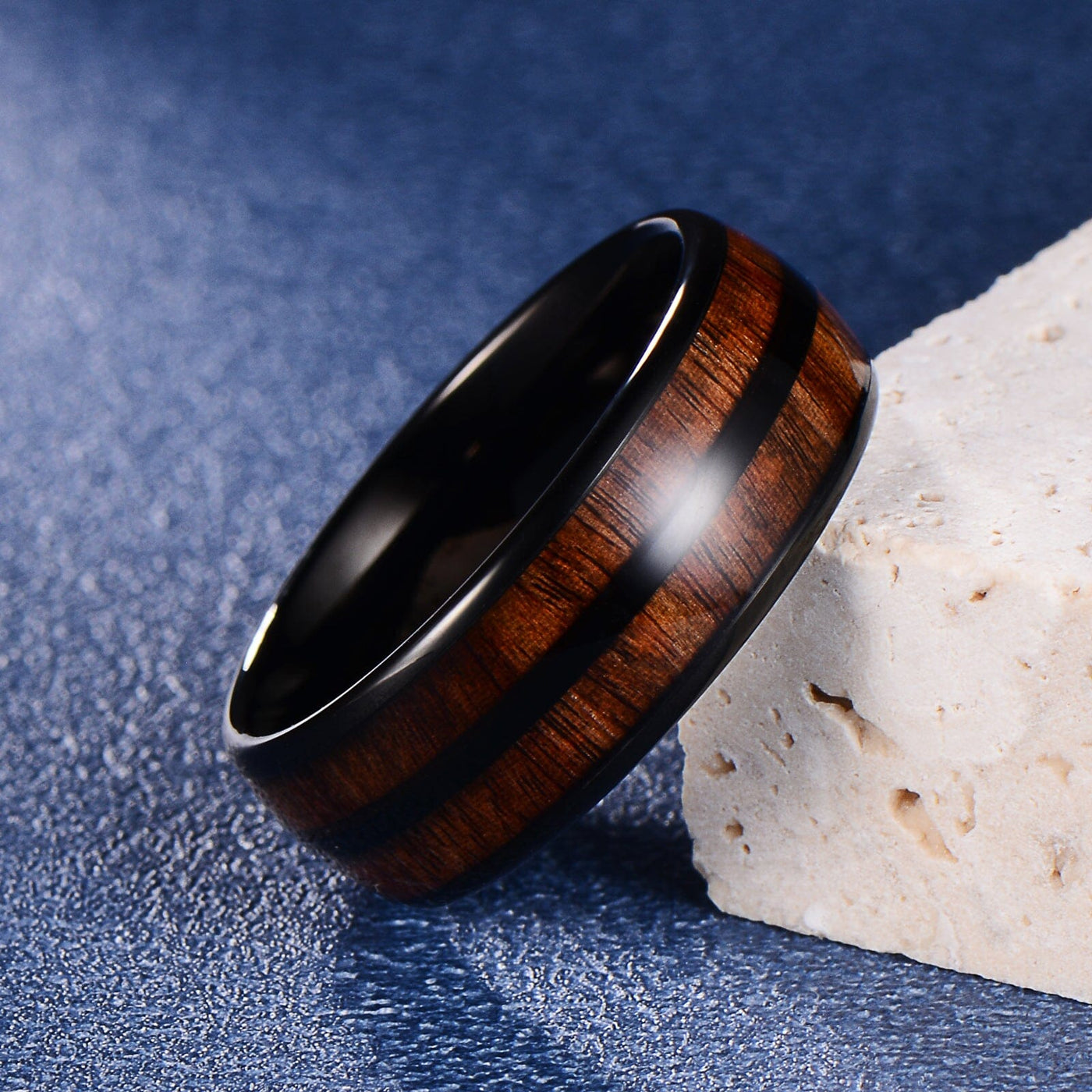 Men's Dome Double Wood Inlay Black Tungsten Ring WR-226 Men's Ring Ouyuan Jewelry 