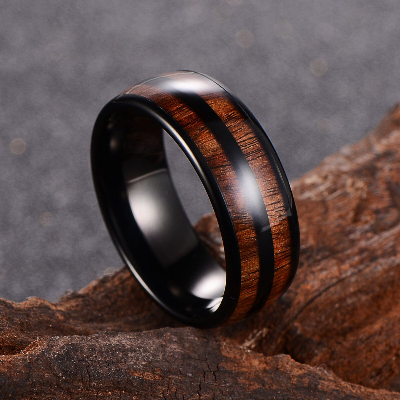 Men's Dome Double Wood Inlay Black Tungsten Ring WR-226 Men's Ring Ouyuan Jewelry 