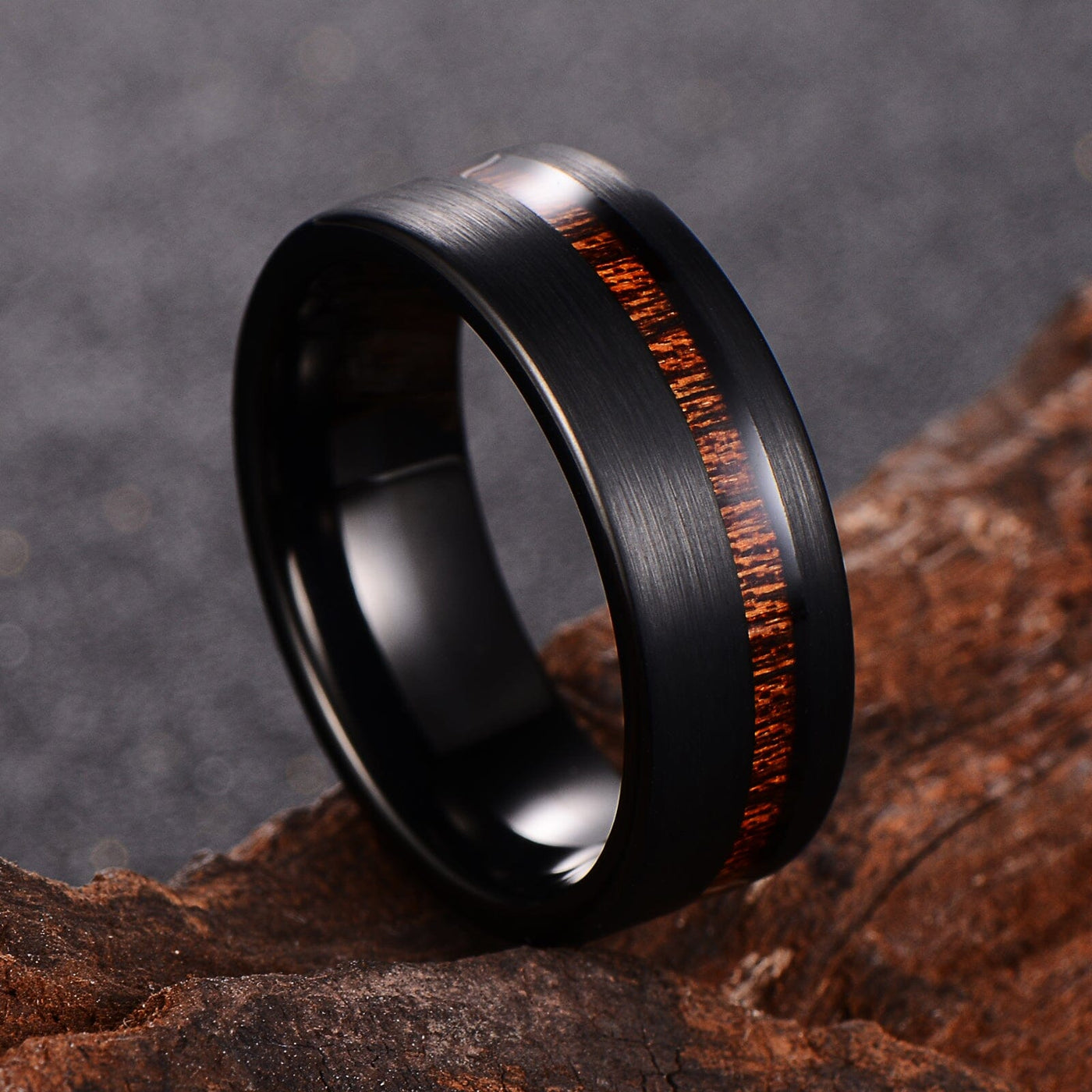 Men's Flat Wood Inlay Brushed Black Tungsten Ring WR206 Men's Ring Ouyuan Jewelry 