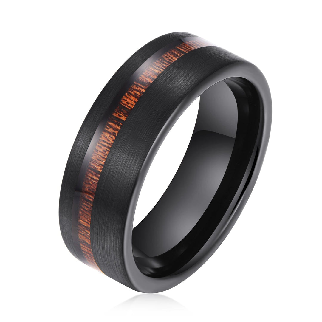 Men's Flat Wood Inlay Brushed Black Tungsten Ring WR206 – Woodish