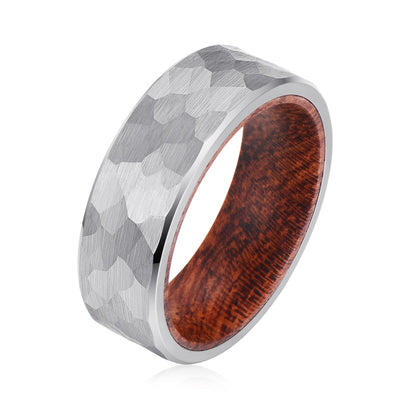 Men's Hammered Wood Silver Tungsten Ring R-284 Men's Ring Ouyuan Jewelry 
