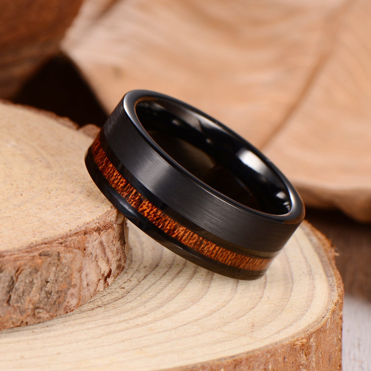 Men's Koa Wood Black Tungsten Ring Men's Ring Ouyuan Jewelry 