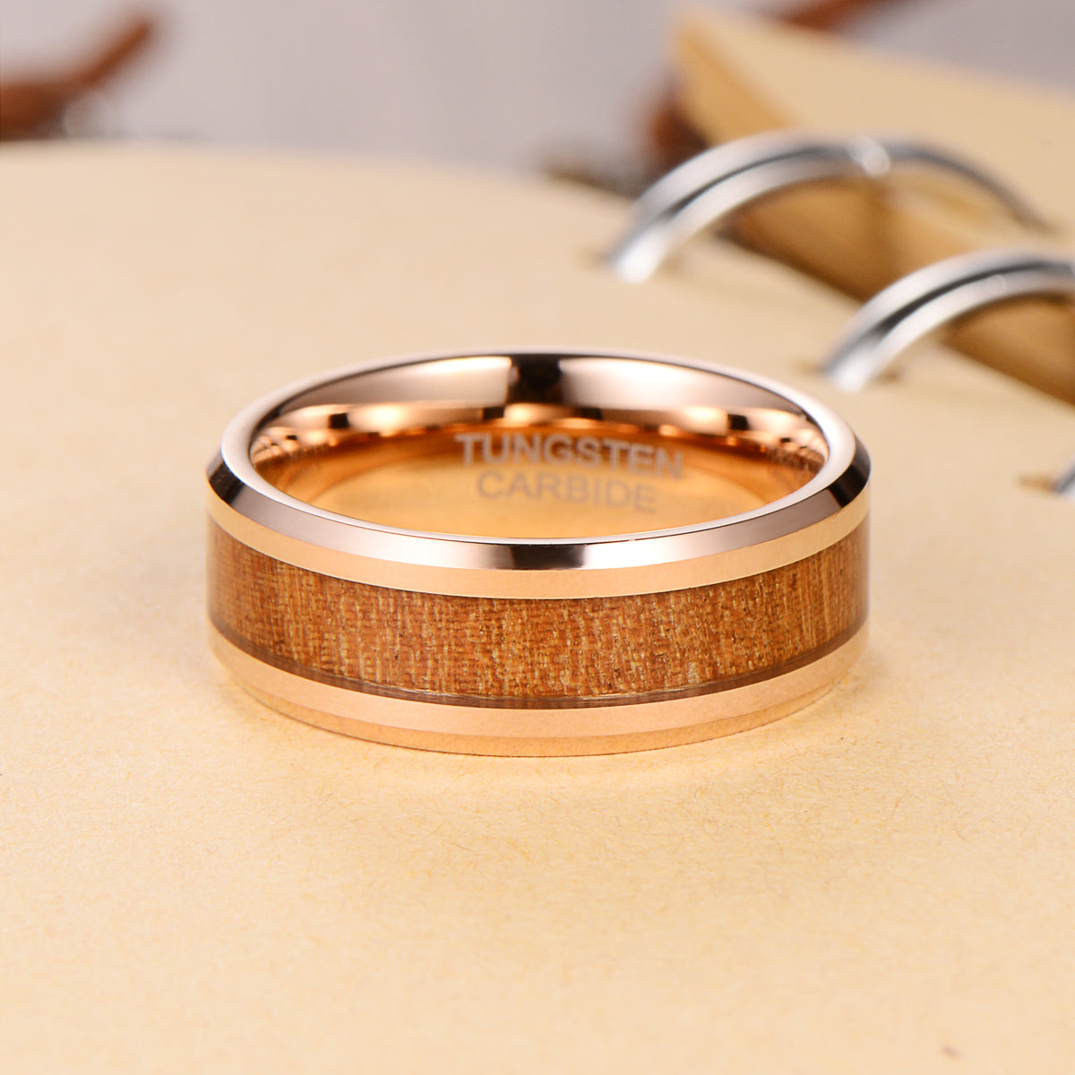 Men's Koa Wood Rosegold Tungsten Ring Men's Ring Ouyuan Jewelry 