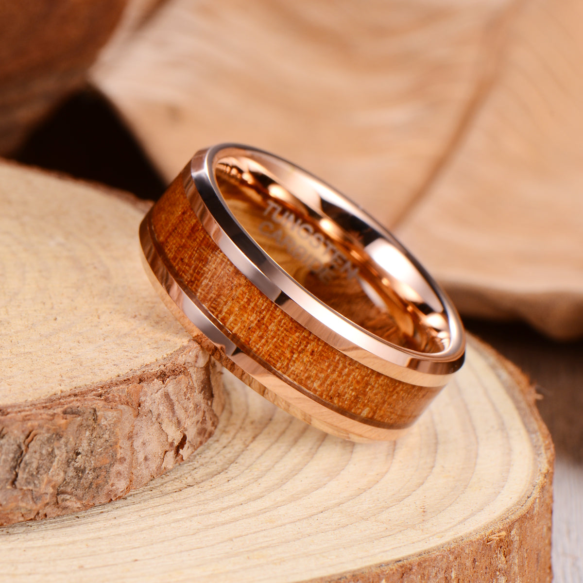 Men's Koa Wood Rosegold Tungsten Ring Men's Ring Ouyuan Jewelry 