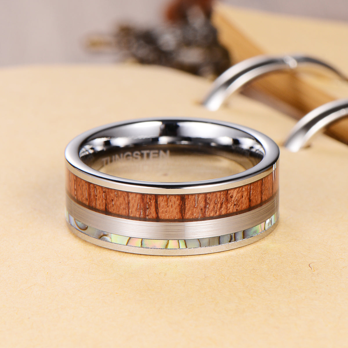 Men's Koa Wood Stripe Silver Tungsten Ring Men's Ring Ouyuan Jewelry 