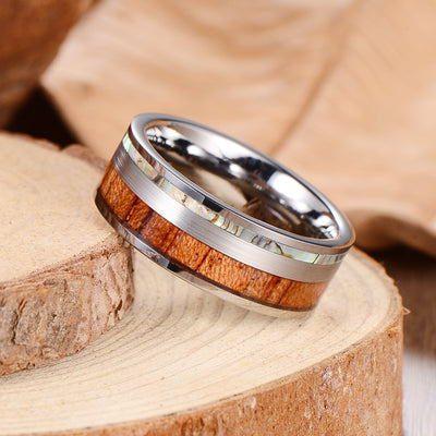 Men's Koa Wood Stripe Silver Tungsten Ring Men's Ring Ouyuan Jewelry 