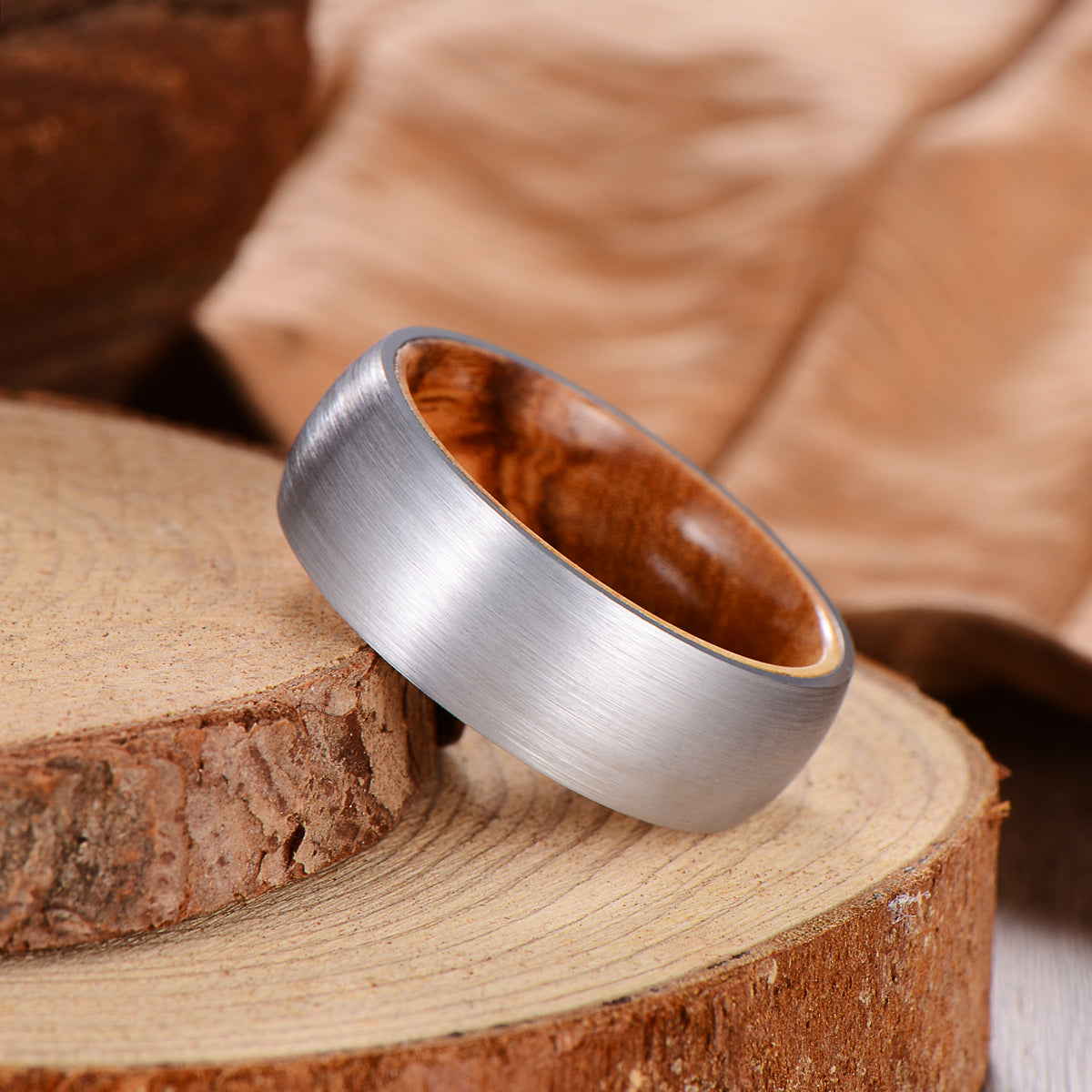 Men's Olive Wood Brushed Silver Tungsten Ring Men's Ring Ouyuan Jewelry 