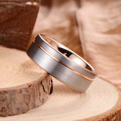 Men's Rose Gold Groove Brushed Silver Tungsten Ring OY-R146 Men's Ring Ouyuan Jewelry 