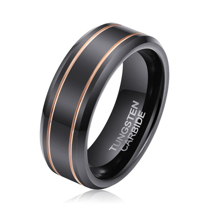 Men's Rose Gold Groove Polished Black Tungsten Ring - OYG004 Men's Ring Ouyuan Jewelry 
