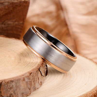 Men's Rose Gold Step Brushed Silver and Black Tungsten Ring OY-R028 Men's Ring Ouyuan Jewelry 