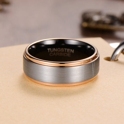 Men's Rose Gold Step Brushed Silver and Black Tungsten Ring OY-R028 Men's Ring Ouyuan Jewelry 