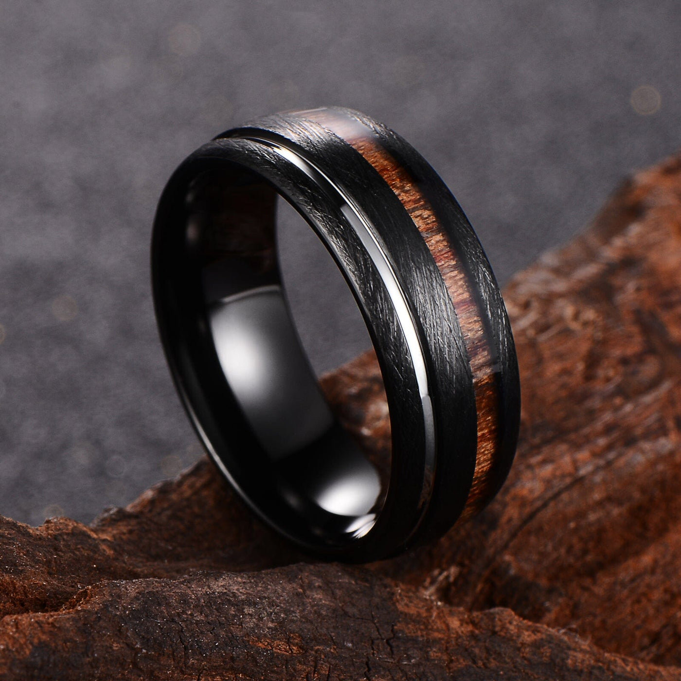 Men's Silver Groove & Wood Inlay Black Tungsten Ring RW015 Men's Ring Ouyuan Jewelry 