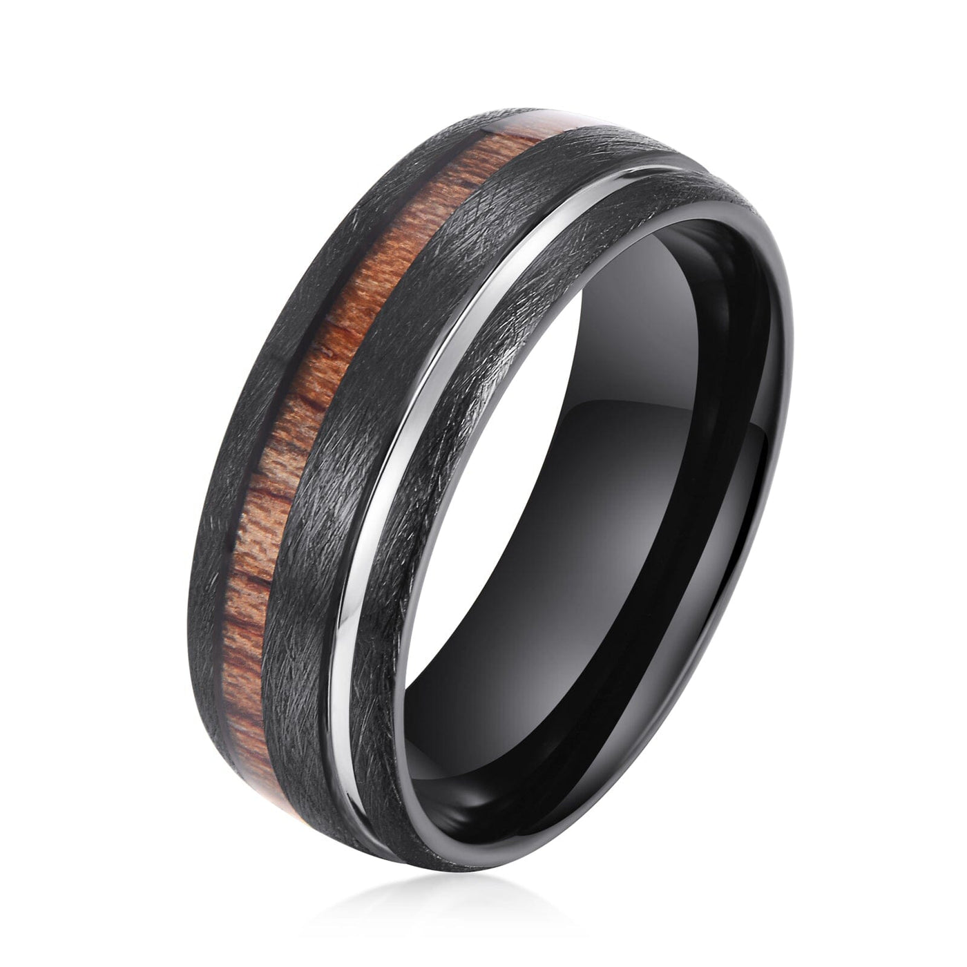 Men's Silver Groove & Wood Inlay Black Tungsten Ring RW015 Men's Ring Ouyuan Jewelry 