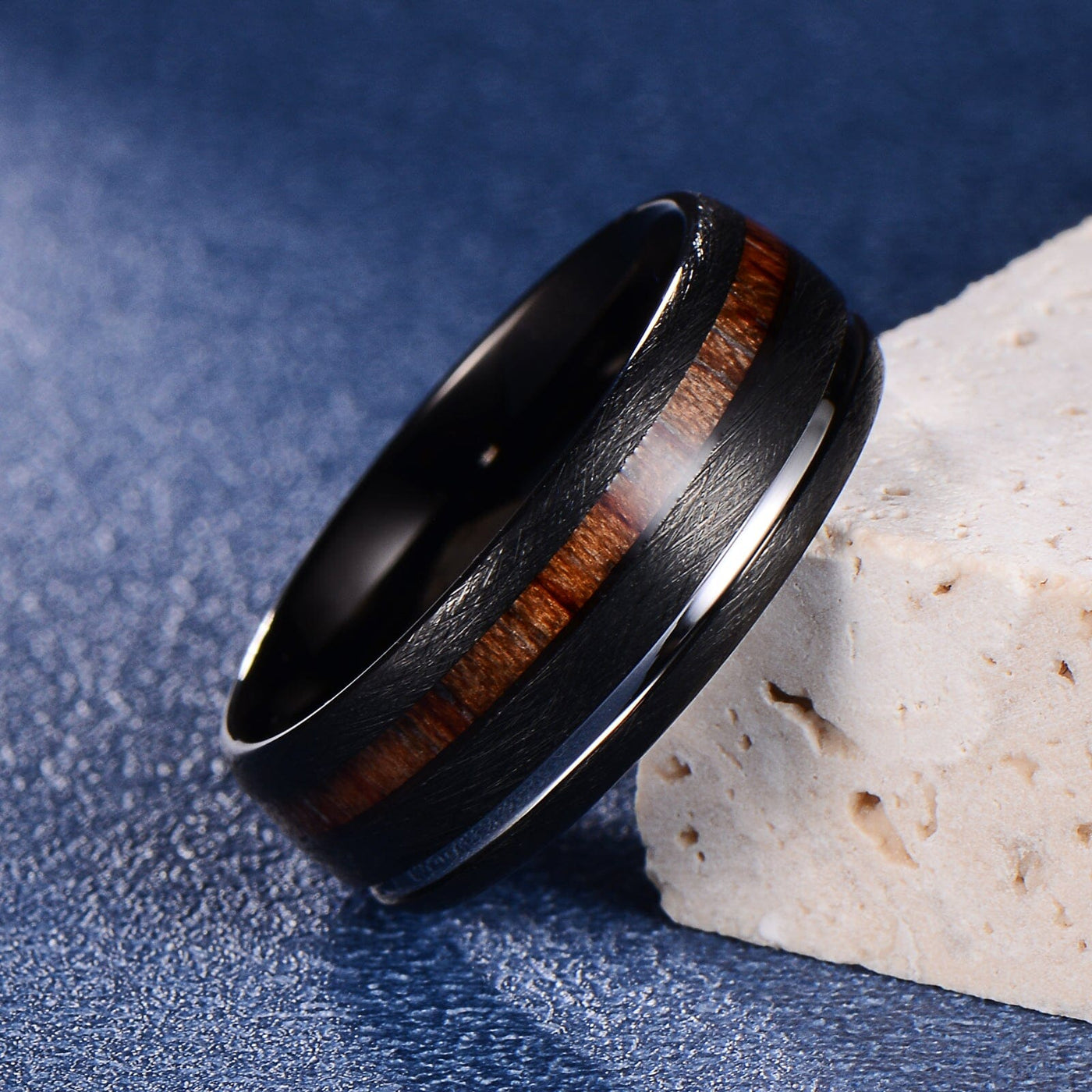 Men's Silver Groove & Wood Inlay Black Tungsten Ring RW015 Men's Ring Ouyuan Jewelry 