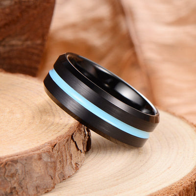 Men's Sky Blue Groove Brushed Black Tungsten Ring - TR001 Men's Ring Ouyuan Jewelry 