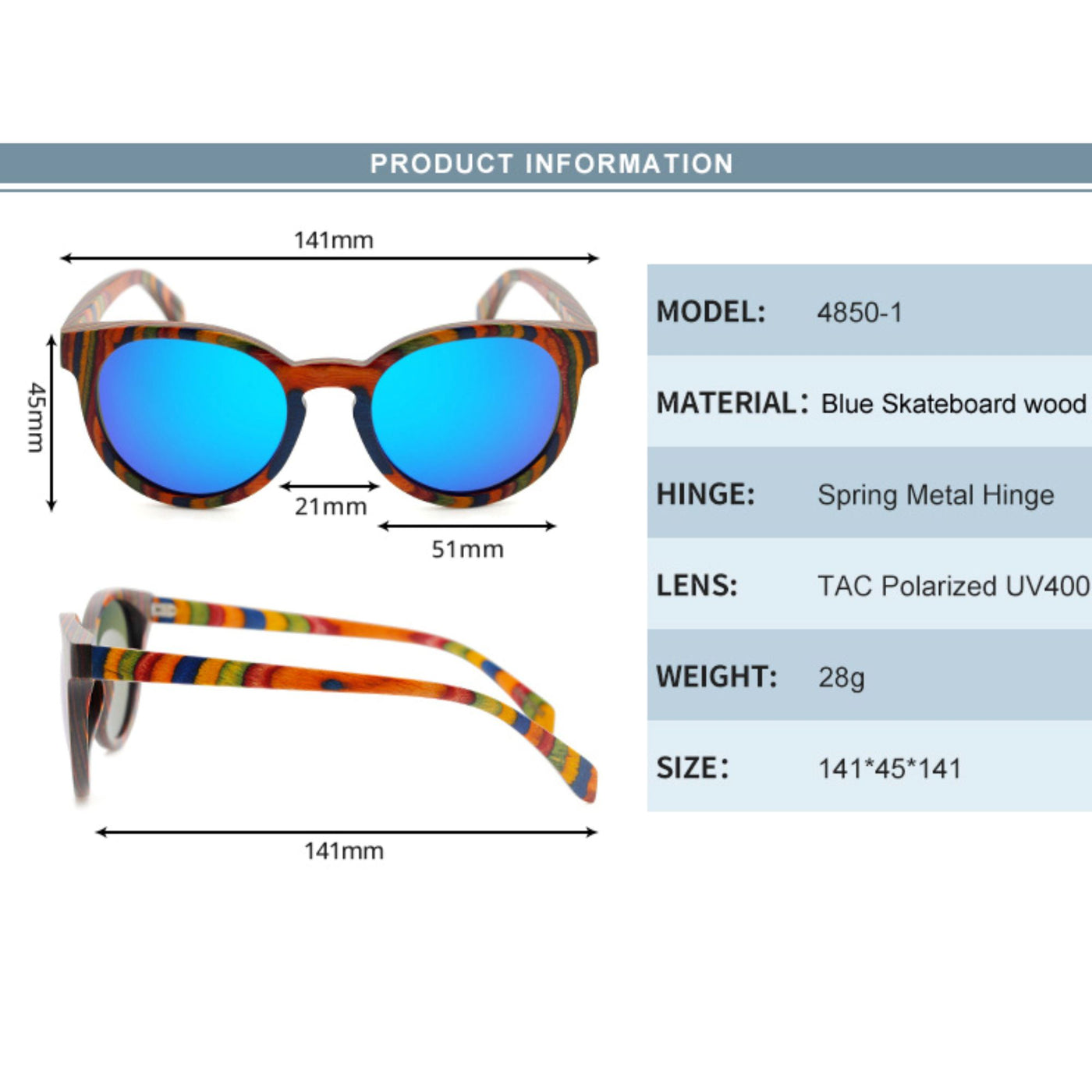 Round Skateboard Blue Lens Polarized Bamboo Sunglasses 4850-1 Unisex Sunglasses Retsing Eyewear 