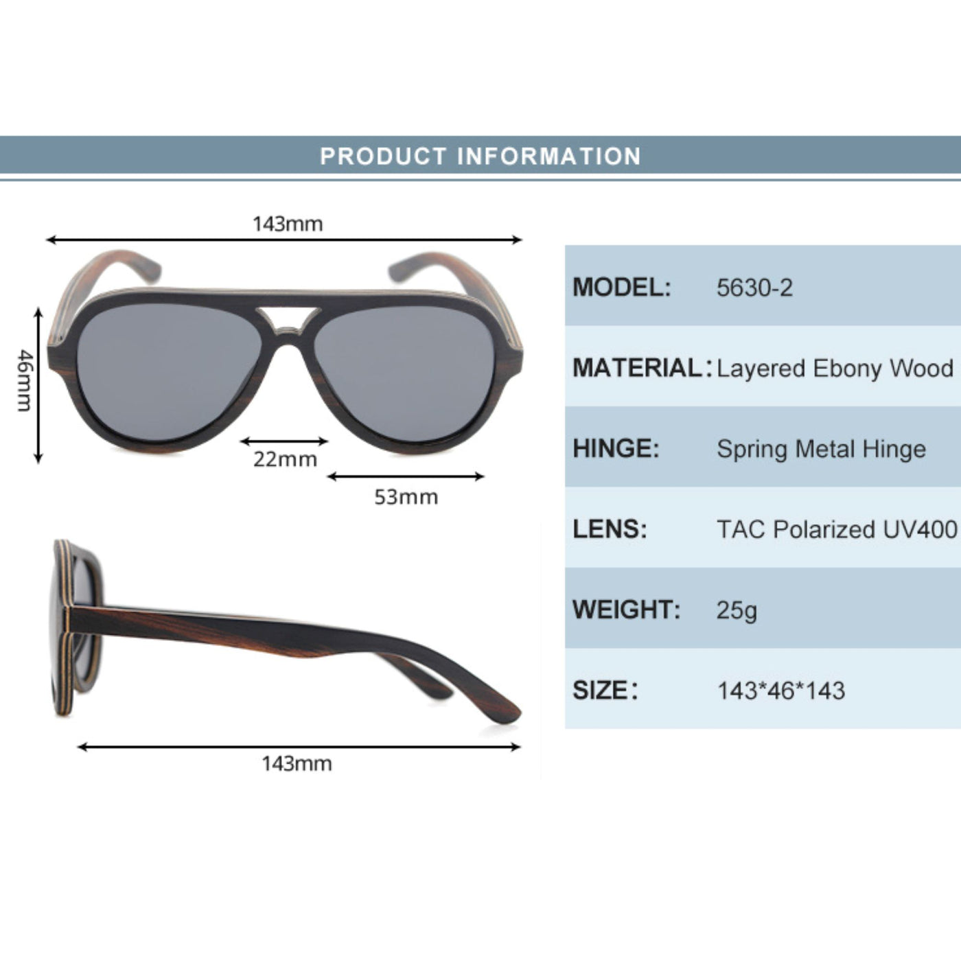Stylish Layered Ebony Polarized Wooden Sunglasses 5630-2 Unisex Sunglasses Retsing Eyewear 