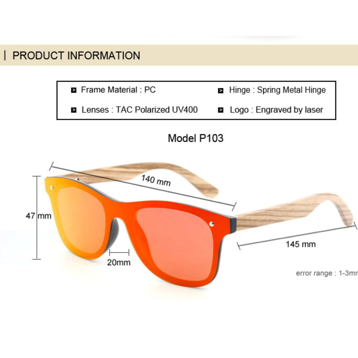 Stylish Red Lens Polarized Zebrawood Sunglasses P103-2 Unisex Sunglasses Retsing Eyewear 
