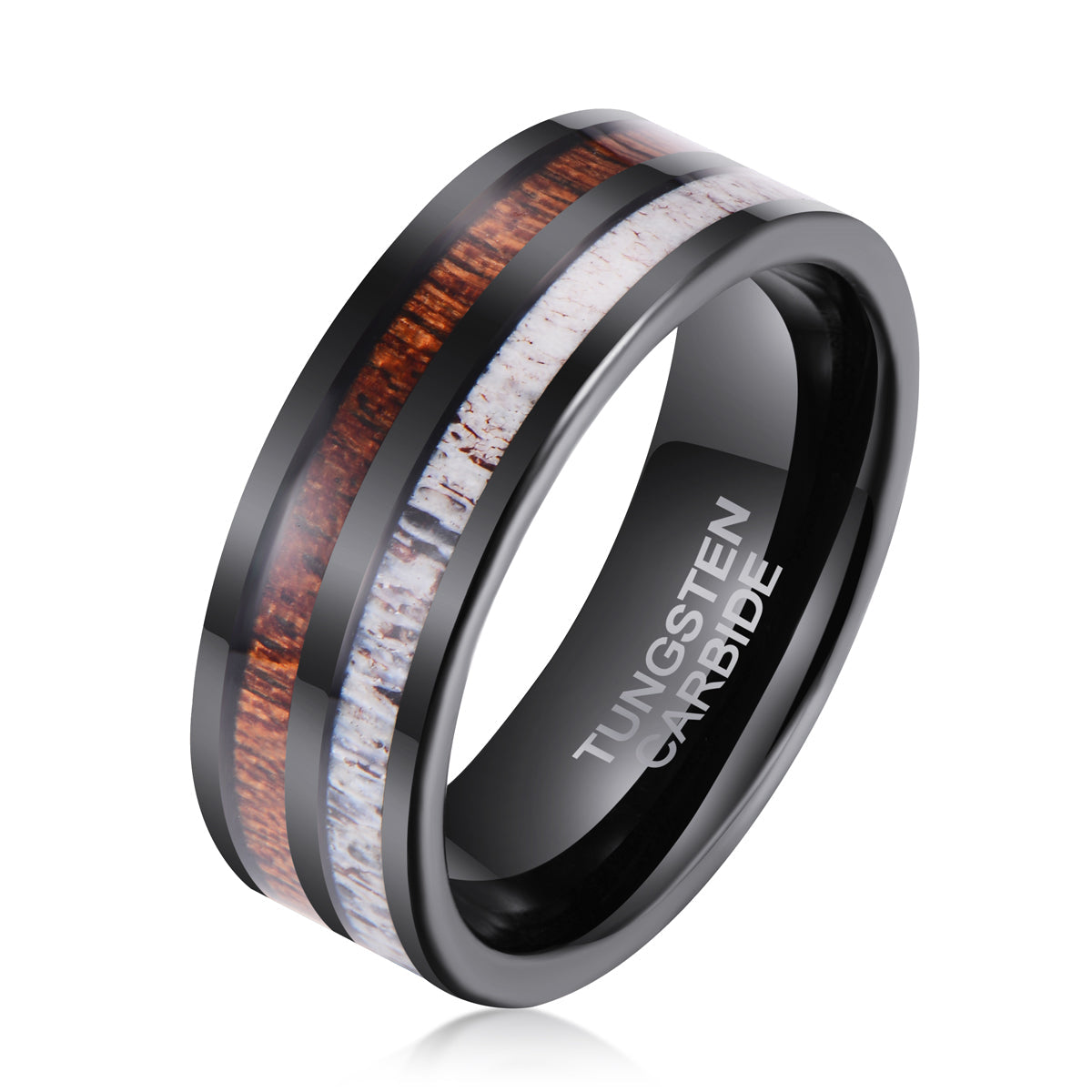 Tungsten Wood & Deer Inlay Men's Ring Ouyuan Jewelry 