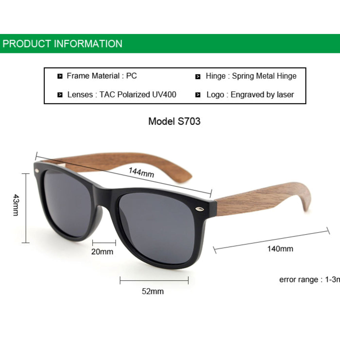 Unisex Gray Lens Polarized Walnut Sunglasses S703 Unisex Sunglasses Retsing Eyewear 